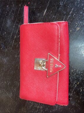 GUESS Red Saffiano Wallet with Gold-Tone Triangle Logo